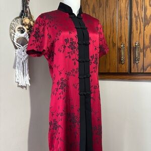 Sheri Martin Vintage Red & Black Floral Qipao Cheongsam Long Jacket Cape Size 12